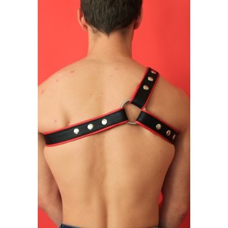 Chest harness 3 stripes, leather, black/red