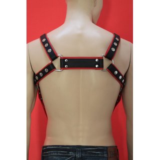 Bulldog harness, V-Style, leather, black/red