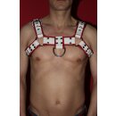 Chest harness "Bulldog", leather, white/red S-M