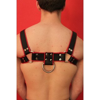 Harness Bulldog II with penis strap, leather, black/red