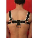 Chest harness "Bulldog II" with penis strap, leather, black/white S-M