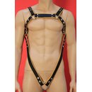 Bulldog chest harness, V-Style, leather, black/yellow L-XL