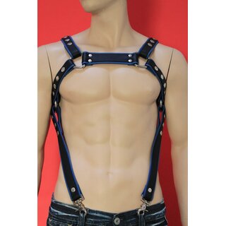 Bulldog chest harness, "Suspender", leather, black/blue S-M