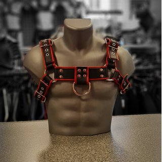 Chest harness "Bulldog", leather, black/red L-XL